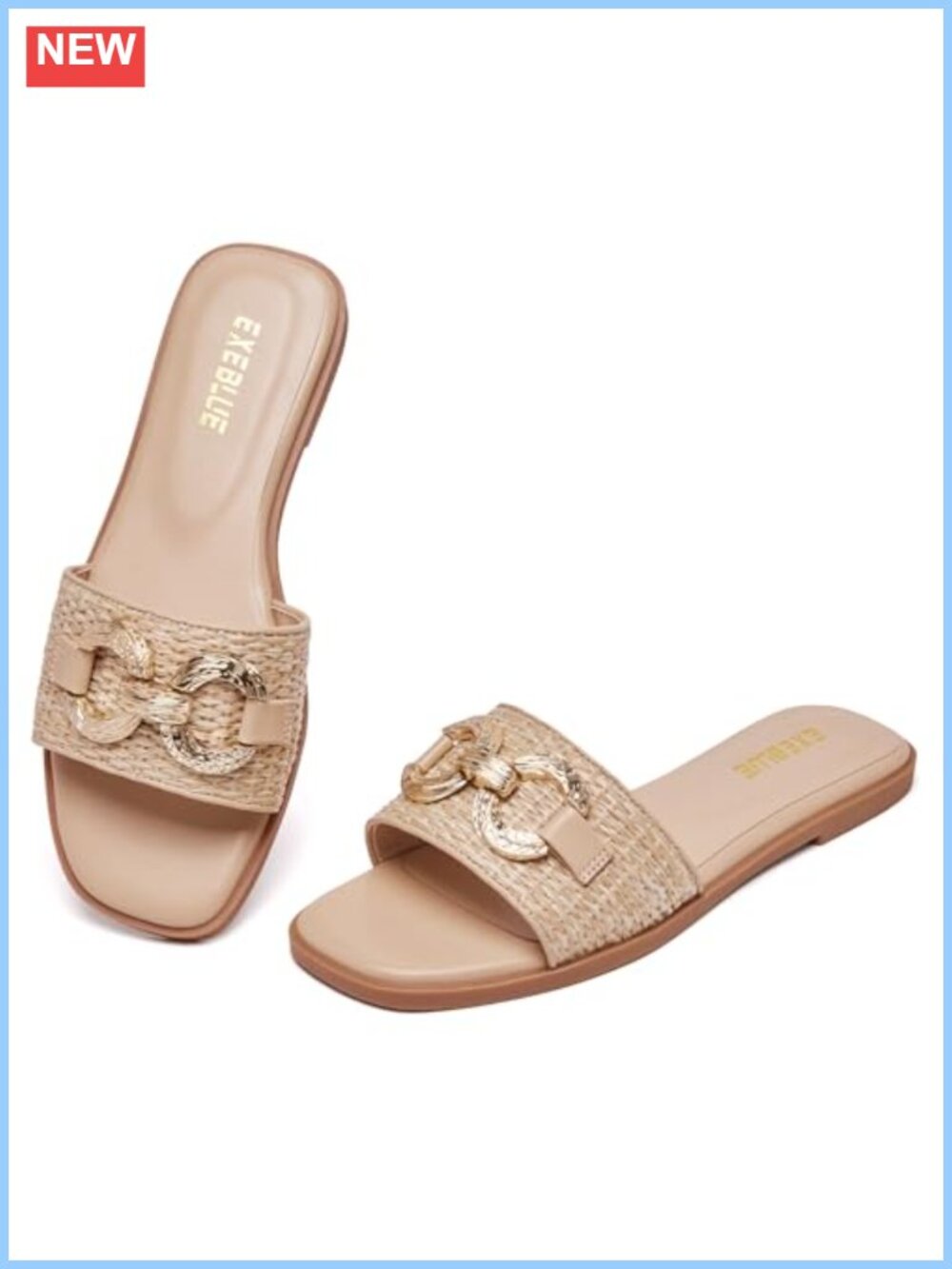 Faux Leather Slide Sandals Square Open Toe Slip On Beach Flat Sandals